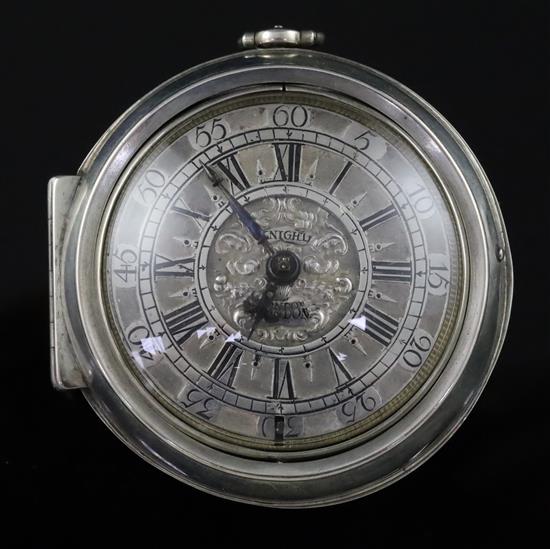 Michael Knight, London, an 18th century silver pair-cased keywind verge pocket watch with silvered Roman dial,